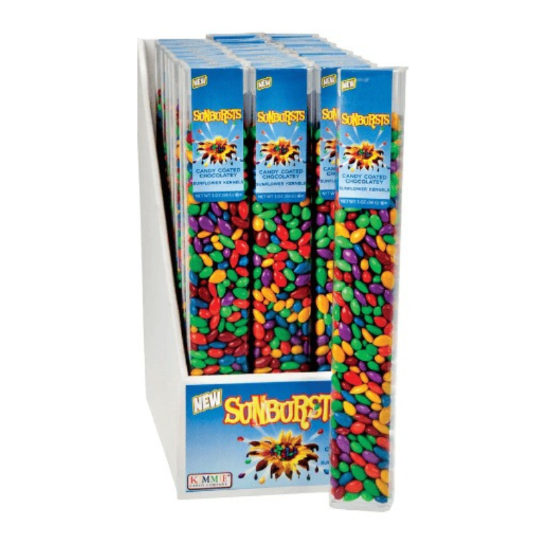 US - Kimmie Sunbursts Tube - Chocolate Covered Sunflower Seeds 2.5oz (73g) X 12 Units
